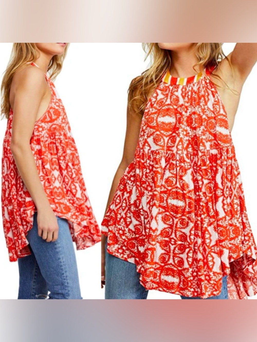 Free People Mimi High Low Halter Tunic Top Small Orange Boho Oversized